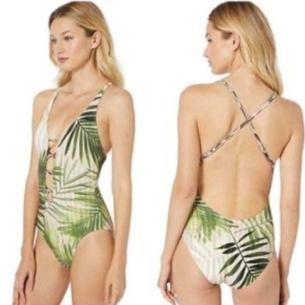 Vince Camuto Tropical Green Plunge One Piece Size 12 - Picture 3 of 13